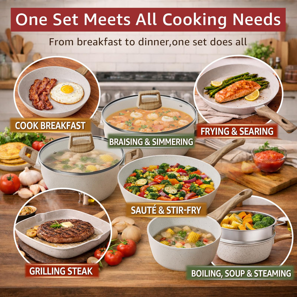 24-Piece Pots and Pans Set Non Stick, Titanium-Reinforced Ceramic Cookware Set, Long-Lasting Nonstick, PFAS-Free, Induction Compatible, Complete Kitchen Set for Everyday Cooking