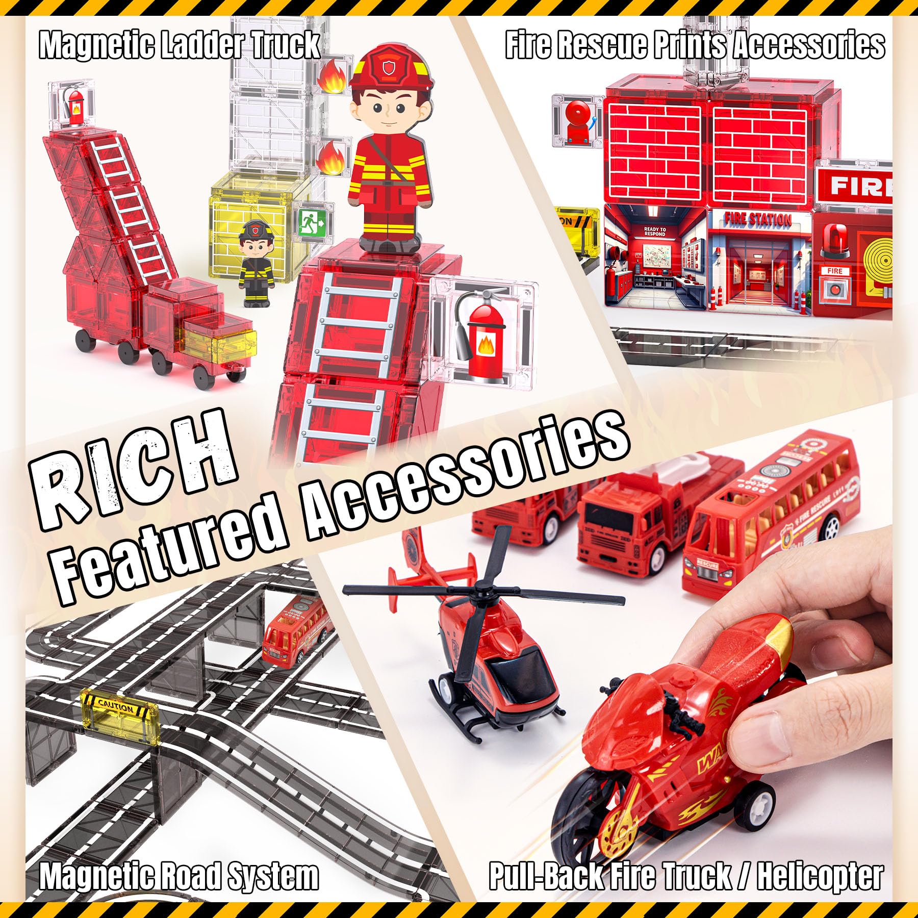 141PCS Magnetic Tiles for kids, Fire Rescue Theme Magnet Tiles with Fire Station & Fire Rescue Vehicles, STEM Magnetic Tiles for Kids Ages 4-8, Preschool Educational Building Toys for Boys & Girls