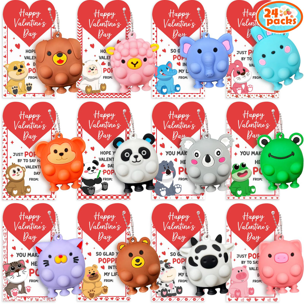 24PCS Valentines Day Cards for Kids School Classroom with 3D Animal Pop Suction Toys Valentine Day Exchange Gifts Bulk Fidget Toys for Toddlers Boys Girls Valentine's Party Favors Goodie Bag Stuffers