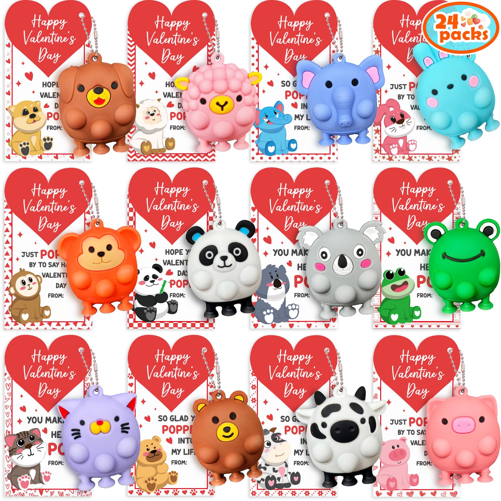 24PCS Valentines Day Cards for Kids School Classroom with 3D Animal Pop Suction Toys Valentine Day Exchange Gifts Bulk Fidget Toys for Toddlers Boys Girls Valentine's Party Favors Goodie Bag Stuffers