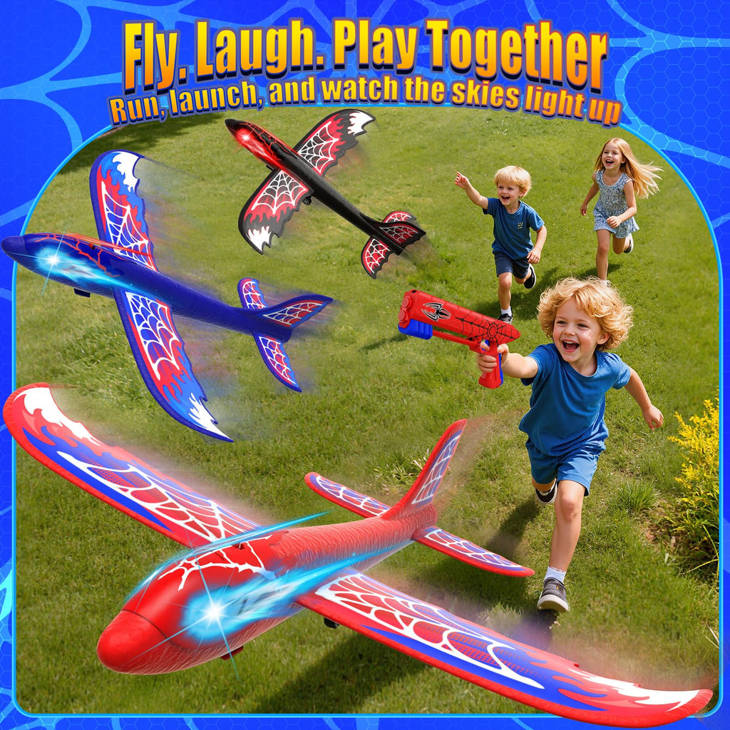 3 Pack Airplane Launcher Toy with Glowing Eyes & Web-Pattern Wings,2 Flight Modes Outdoor Games for Kids,Boys Toys Age 3-12,Birthday Gifts for 3 4 5 6 7 8 9 10 11 12 Year Old,Kids Gift(Red&Blue&Black)