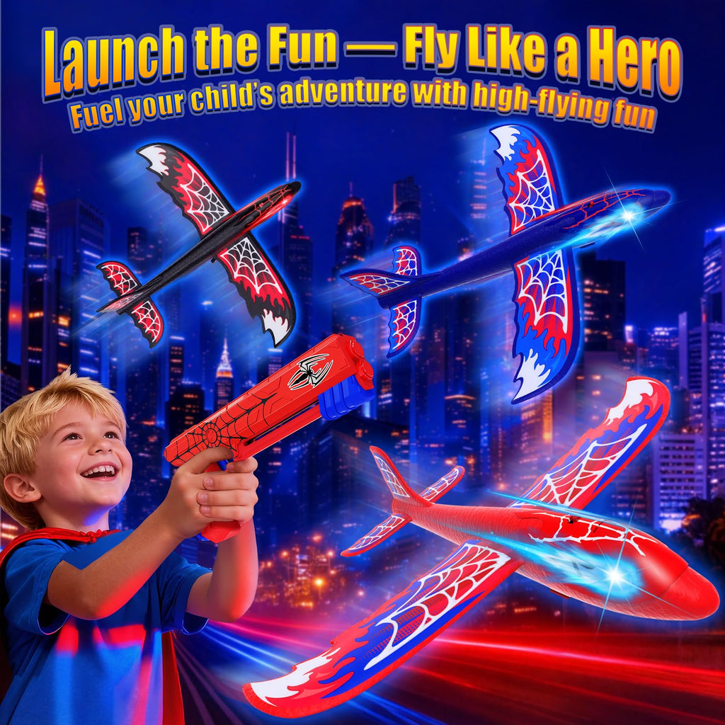 3 Pack Airplane Launcher Toy with Glowing Eyes & Web-Pattern Wings,2 Flight Modes Outdoor Games for Kids,Boys Toys Age 3-12,Birthday Gifts for 3 4 5 6 7 8 9 10 11 12 Year Old,Kids Gift(Red&Blue&Black)