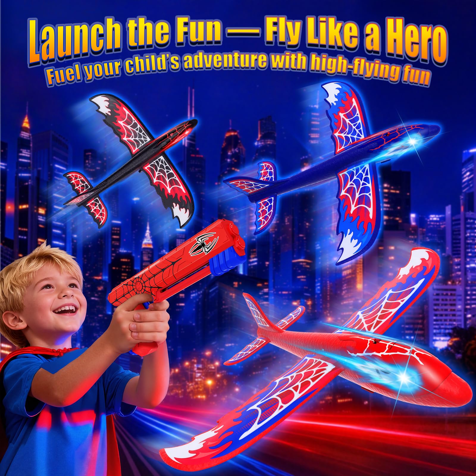 3 Pack Airplane Launcher Toy with Glowing Eyes & Web-Pattern Wings,2 Flight Modes Outdoor Games for Kids,Boys Toys Age 3-12,Birthday Gifts for 3 4 5 6 7 8 9 10 11 12 Year Old,Kids Gift(Red&Blue&Black)