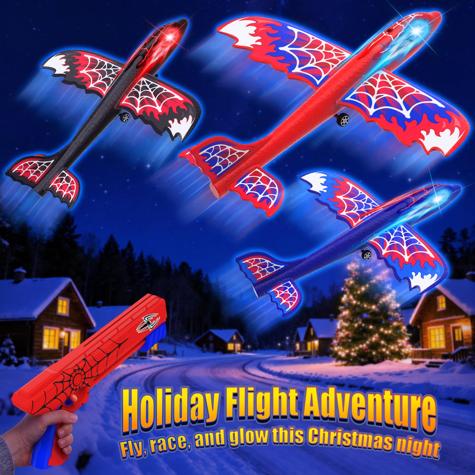 3 Pack Airplane Launcher Toy with Glowing Eyes & Web-Pattern Wings,2 Flight Modes Outdoor Games for Kids,Boys Toys Age 3-12,Birthday Gifts for 3 4 5 6 7 8 9 10 11 12 Year Old,Kids Gift(Red&Blue&Black)