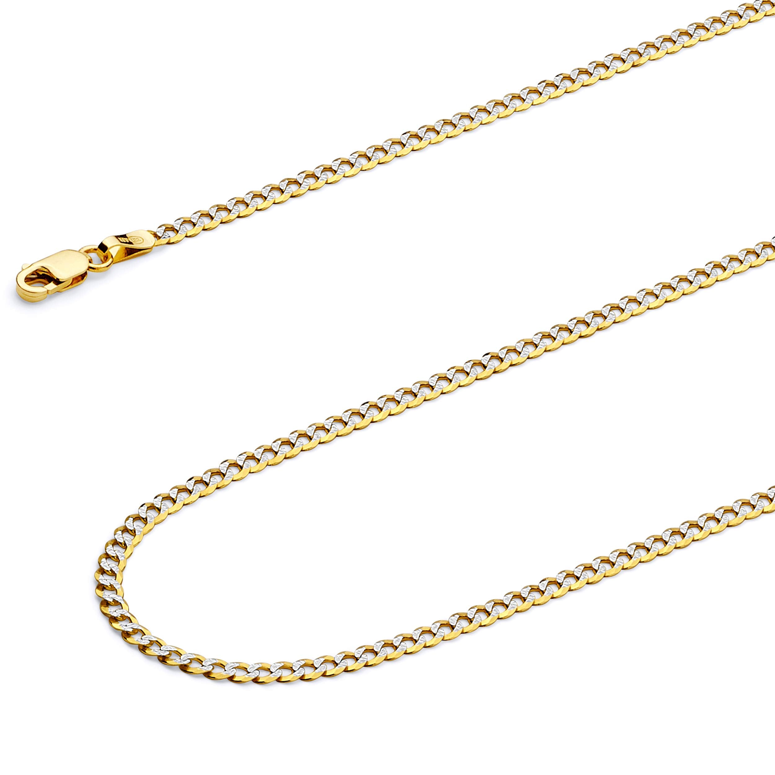 14k REAL Two Tone Gold Solid 2mm Cuban Concave Curb White Pave Chain Necklace with Spring Ring Clasp - 16"