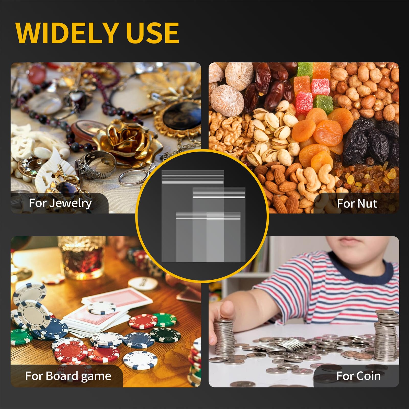 200 Pack Small Plastic Bags For Jewelry, Mini Baggies 4 Assorted Sizes. 2x3 3x3 3x5 4x6 Inch 2 Mil Thick Poly Zipper Lock Bags Clear for Jewelry, Bead, Crafts, Small Parts Storage