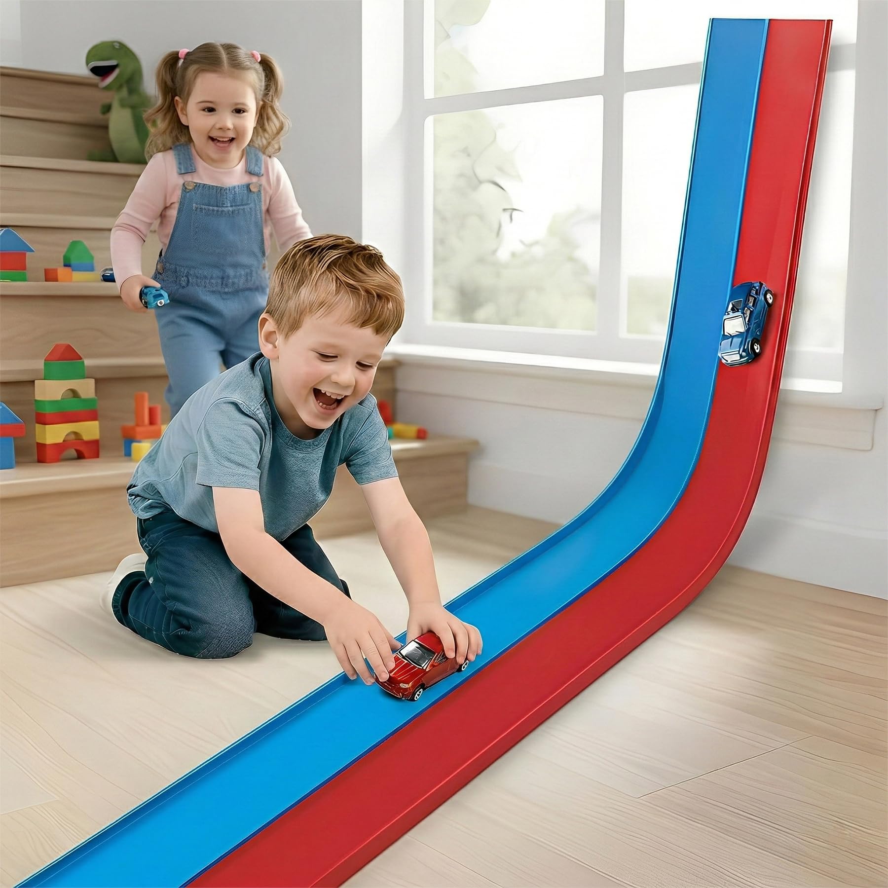 15 Ft Flexible Race Track for Kids 3+, Certified Safe Flex Race Car Ramp with Two 1/64 Diecast Cars — Starter Set, Portable Roll-Up Racetrack with Strong Suction Cups, Great Gift for Boys Girls