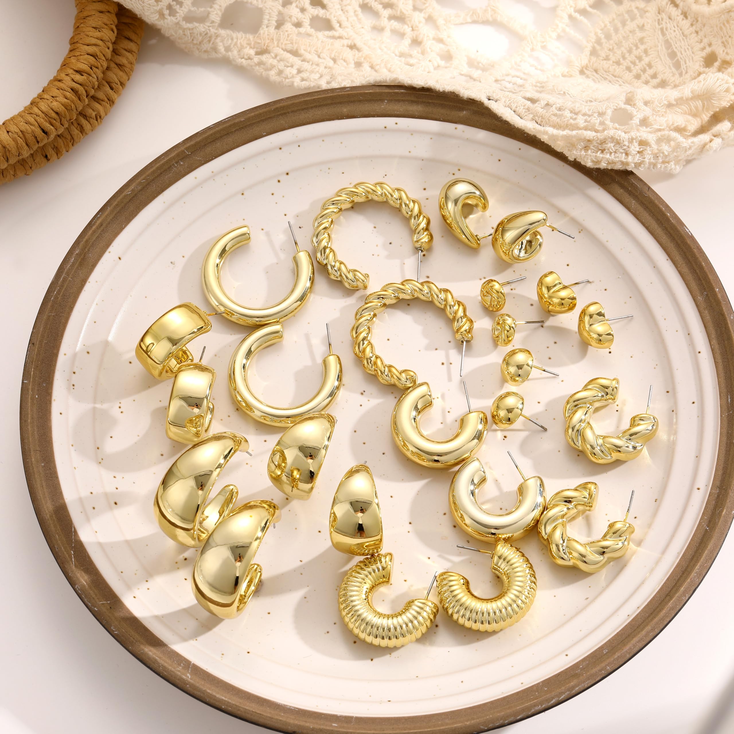 12 Pairs Chunky Gold Hoop Earrings for Women Trendy, Gold Plated Lightweight Classics Hypoallergenic Stack, Thick Open Twisted Huggie Hoops Earring Set