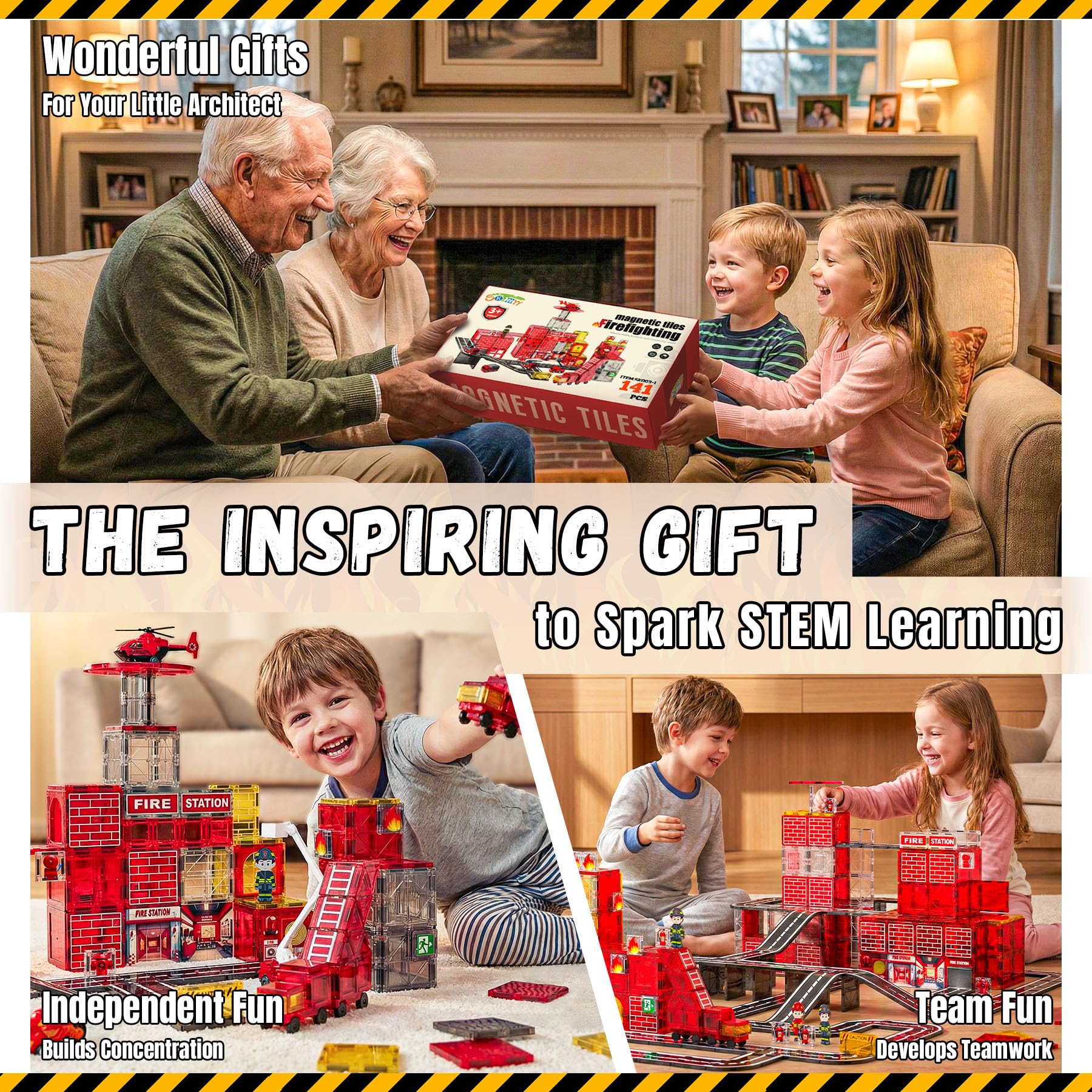 141PCS Magnetic Tiles for kids, Fire Rescue Theme Magnet Tiles with Fire Station & Fire Rescue Vehicles, STEM Magnetic Tiles for Kids Ages 4-8, Preschool Educational Building Toys for Boys & Girls