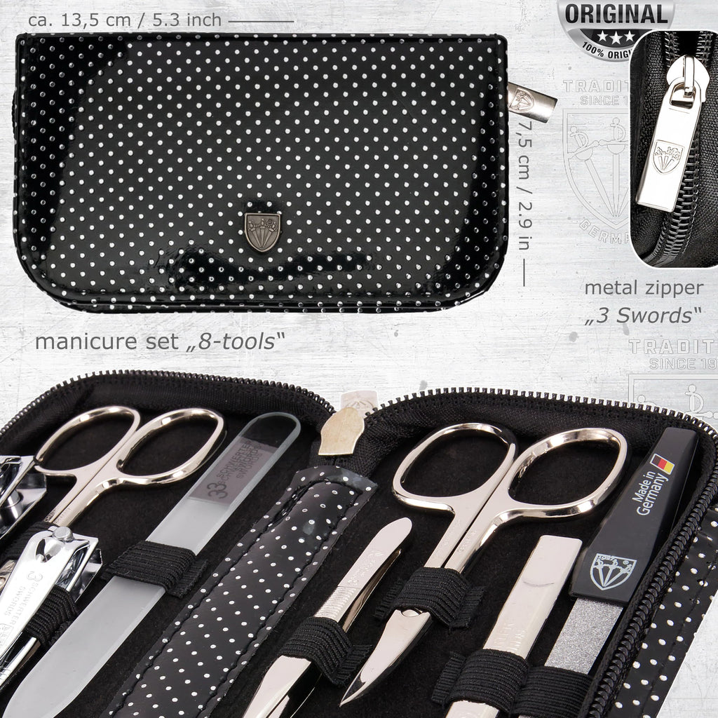3 Swords Germany - brand quality 8 piece manicure pedicure grooming kit set synthetic leather case black silver spots - Made in Germany