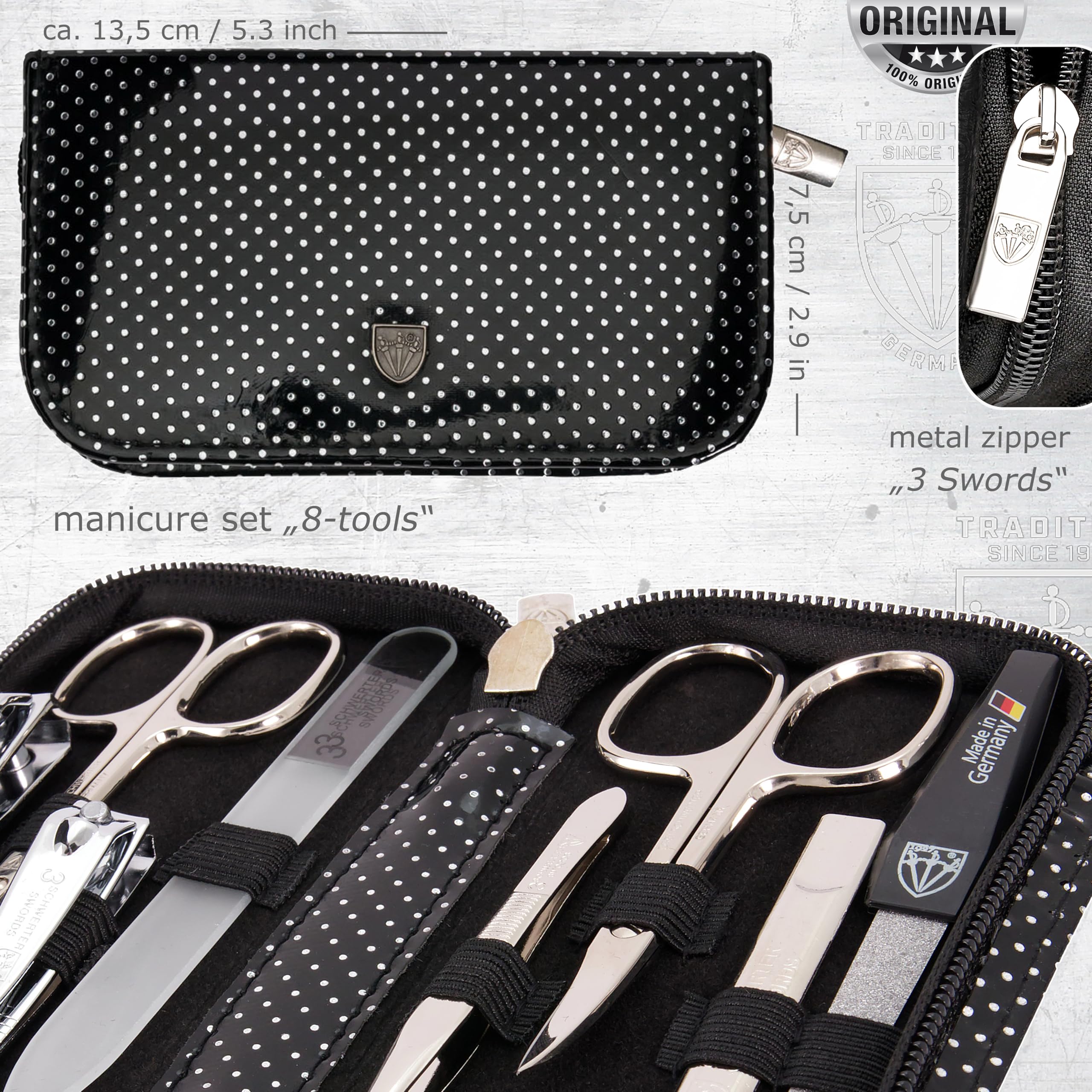 3 Swords Germany - brand quality 8 piece manicure pedicure grooming kit set synthetic leather case black silver spots - Made in Germany